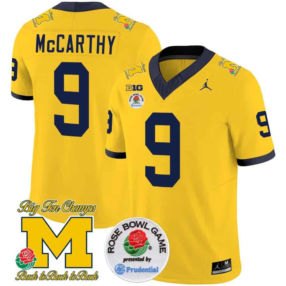 Men Michigan Wolverines #9 Mccarthy Yellow 2024 Rose Bowl Patch Vapor Limited NCAA Jersey->customized nfl jersey->Custom Jersey